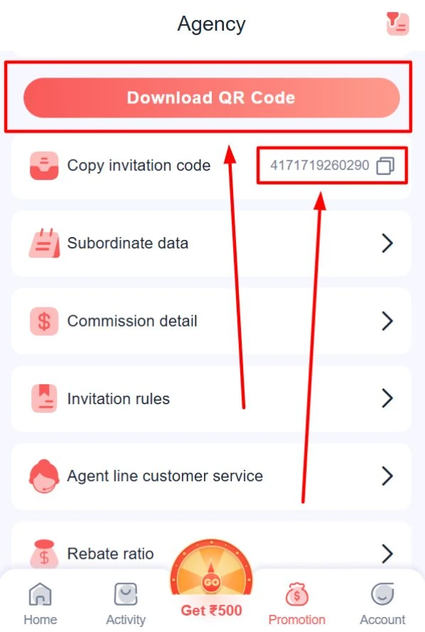 Agency page showing Download QR Code and Copy Code options
